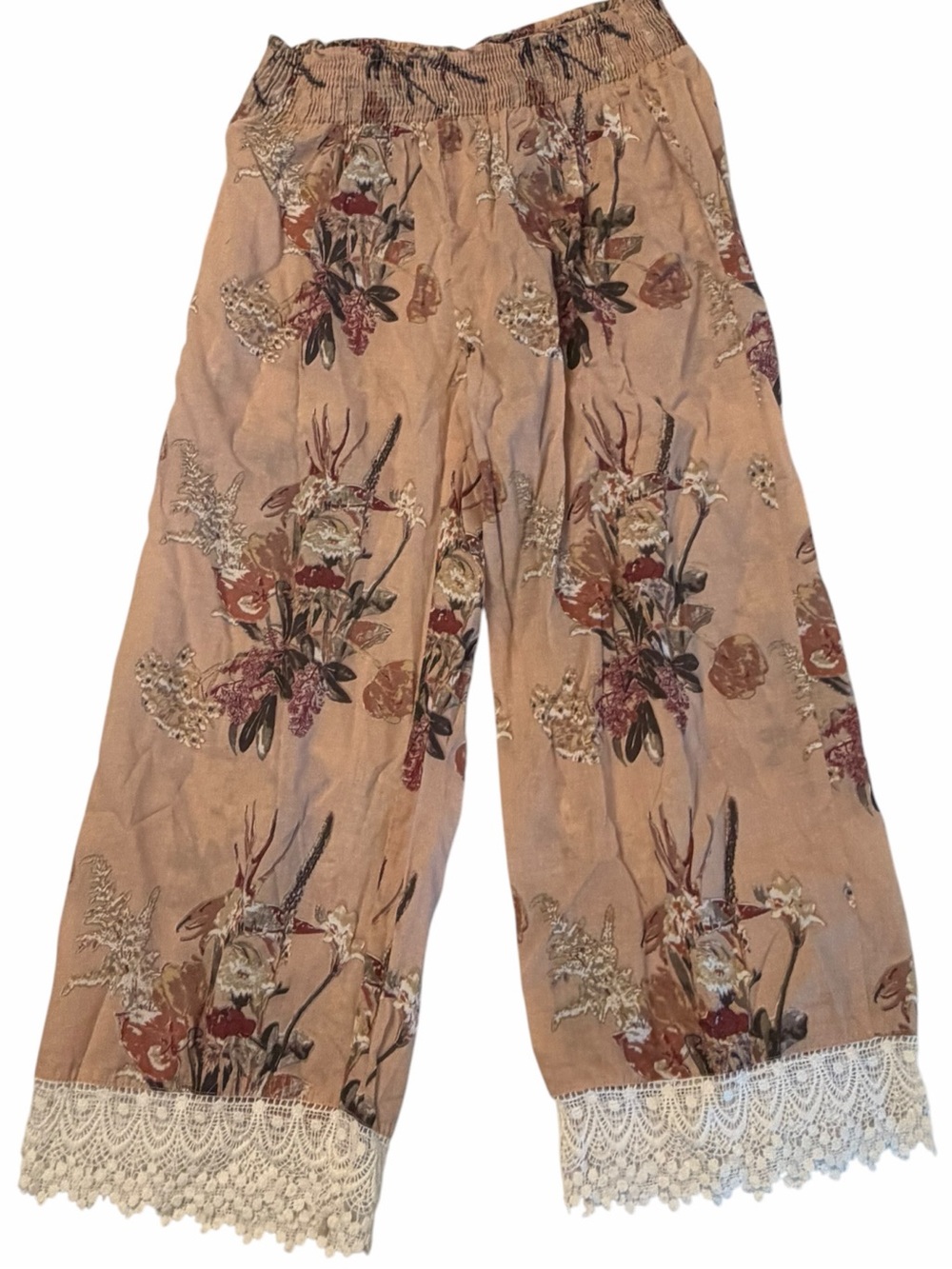 Boho Floral Wide-Leg Pants with Lace Trim - Peach